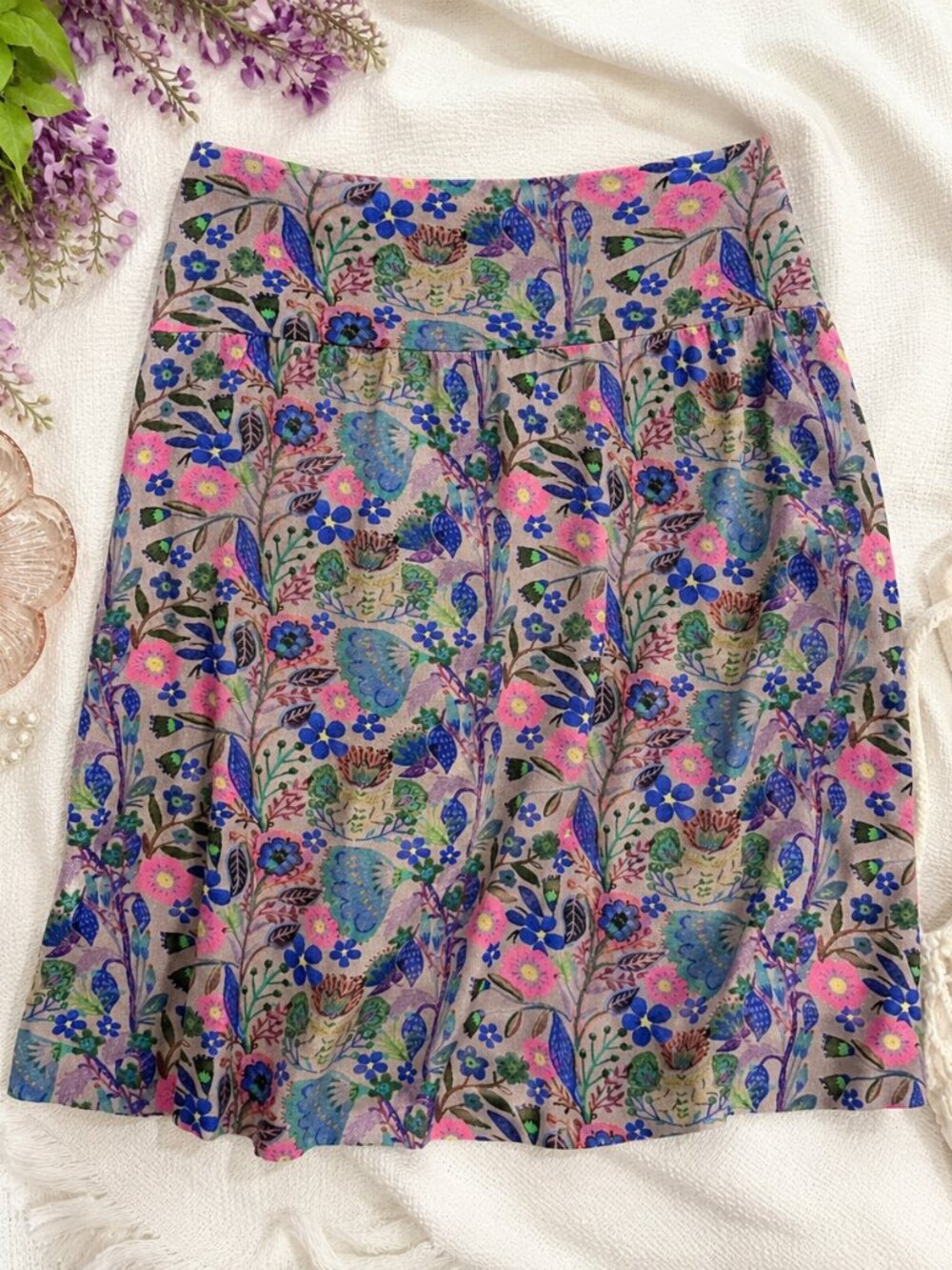 Natural Life Floral Boho Mini Midi Skirt Cottagecore Fairycore Festival Rayon M